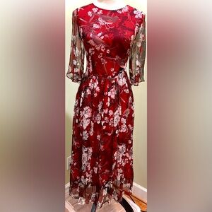 NWOT Red Floral Chiffon Midi Dress – Romantic Sheer Sleeves = Amalfi Dreams
